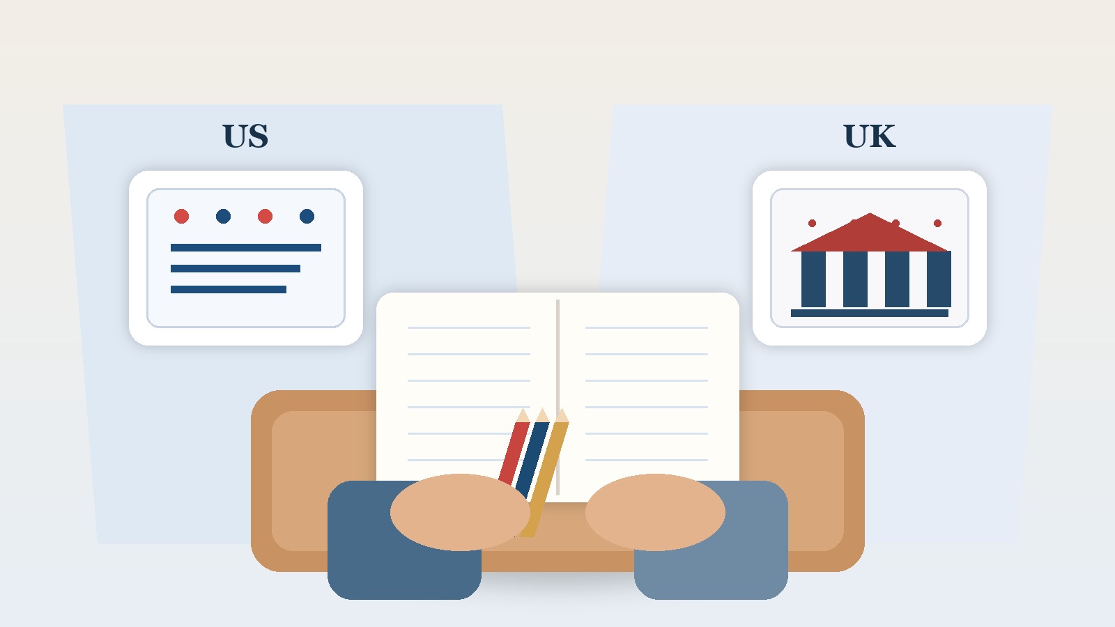 Illustration of a student comparing US and UK admissions paths at a desk