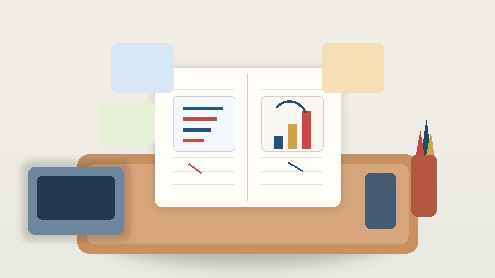 Illustration of a student desk with a notebook, code sketch, chart, and project notes