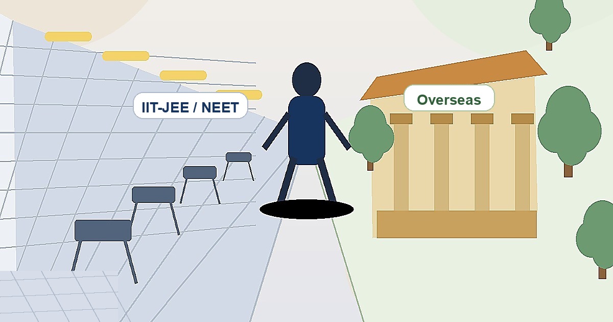 A student stands at a fork between a structured exam corridor and an open overseas campus quad.