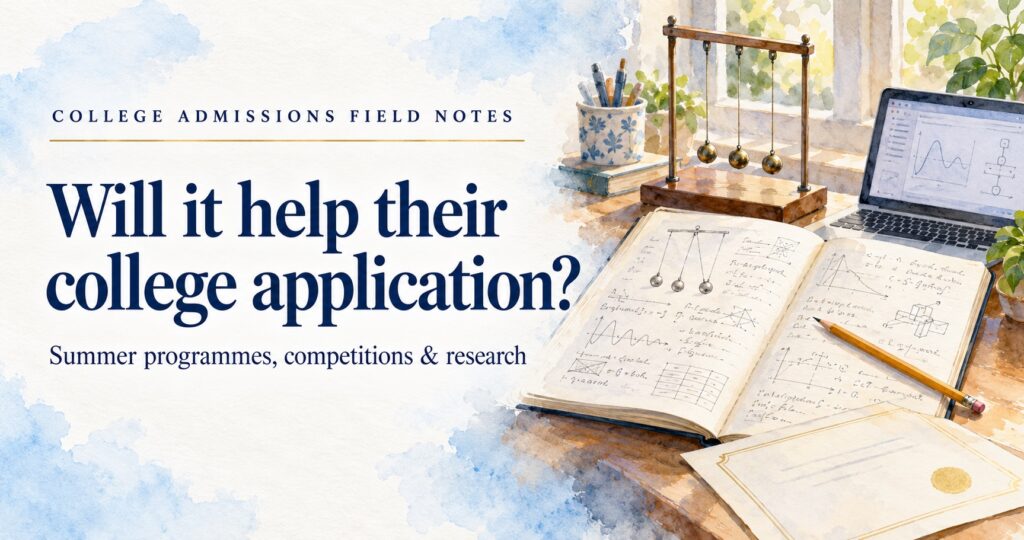 Watercolour illustration of a physics experiment, working notebook and laptop beside the question: Will it help their college application?