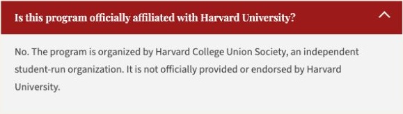 Camp FAQ stating that HCUS is an independent student-run organisation and that the programme is not officially provided or endorsed by Harvard University.
