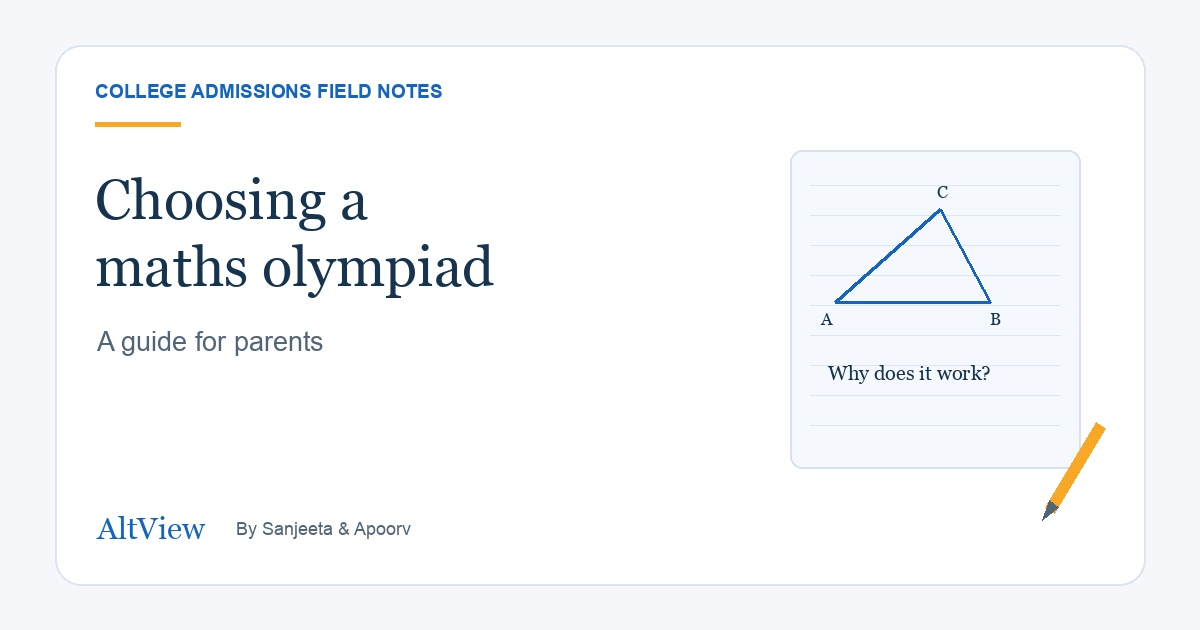 Choosing a maths olympiad: a guide for parents, with a geometry sketch and handwritten working on a notebook.