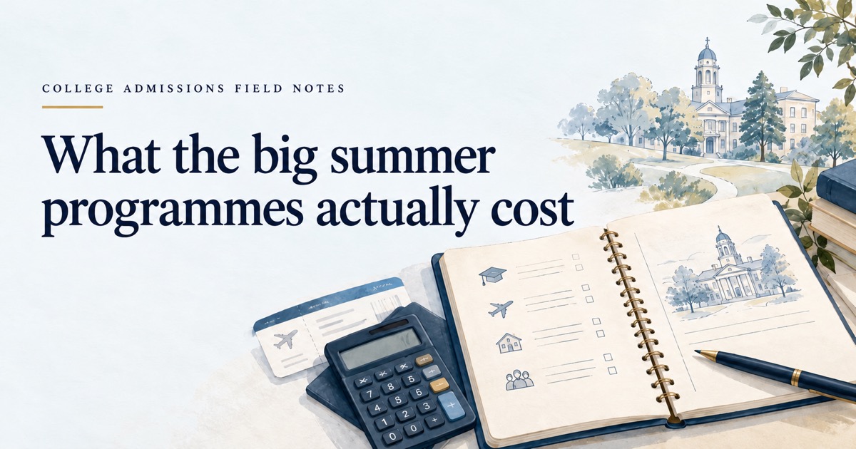 College Admissions Field Notes: summer programme budgeting notebook, calculator and travel ticket.